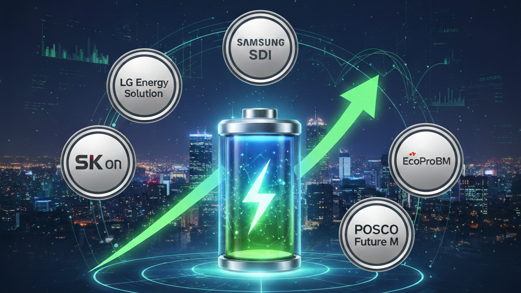 An investment infographic titled '5 Best Korean Battery Stocks to Buy for Global Investors in 2026.' The center features a glowing green battery icon with a lightning bolt and an upward-pointing green arrow. Surrounding the battery are silver coins labeled with company logos: SK on, LG Energy Solution, Samsung SDI, EcoPro BM, and POSCO Future M.