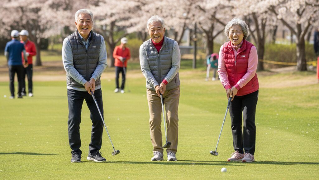 A group of happy Korean seniors enjoying a game of Park Golf under cherry blossom trees, representing active aging and social wellness in South Korea.