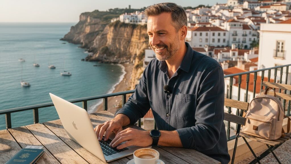 A smiling middle-aged man working on a laptop at an outdoor cafe terrace overlooking a Mediterranean coastal town and the ocean, illustrating how to become a digital nomad.