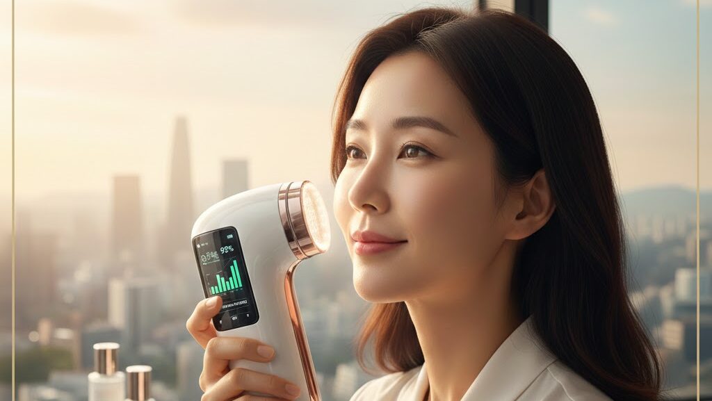 A professional woman using an advanced K-Beauty skin tech device with an integrated AI display showing real-time skin analysis, representing the latest K-beauty device trends 2026.