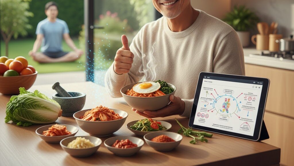A middle-aged man named Jay smiling warmly in a kitchen, holding a bowl of bibimbap topped with a fried egg, with several plates of different types of Kimchi on the table and a person meditating in the background.
