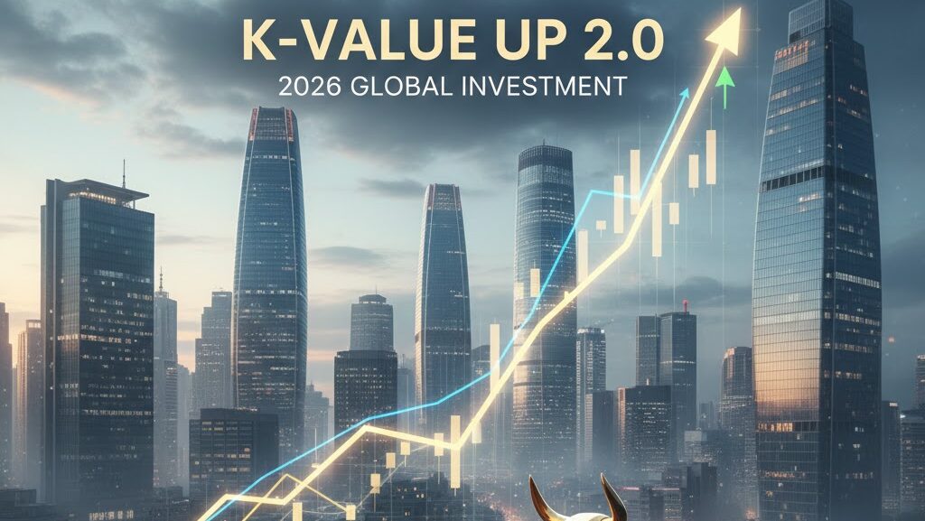 A futuristic 16:9 cinematic visualization of the Seoul skyline with a glowing upward-trending stock chart and a golden bull statue, featuring the text "K-VALUE UP 2.0 2026 GLOBAL INVESTMENT" to represent the South Korean Value-up Program 2.0 growth.