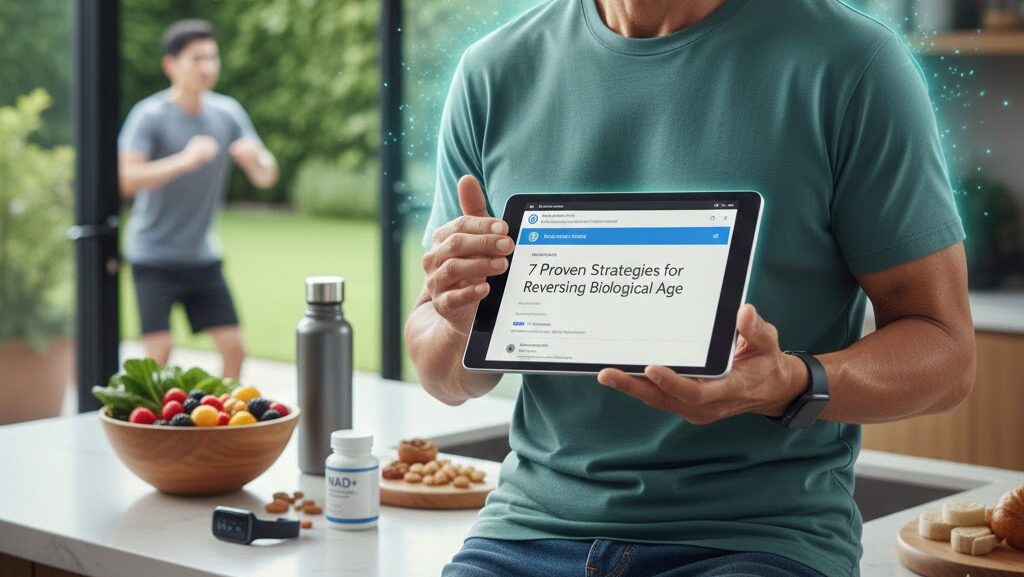 A healthy, smiling middle-aged Asian man named Jay holding a tablet displaying a blog post titled "7 Proven Strategies for Reversing Biological Age" in a modern kitchen with healthy food and a person exercising in the background.