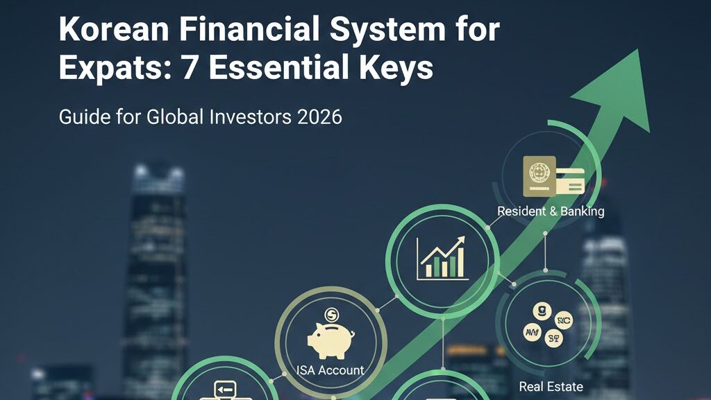 A professional digital illustration showing a growth chart of the South Korean economy and various banking icons, representing the Korean financial system for expats.
