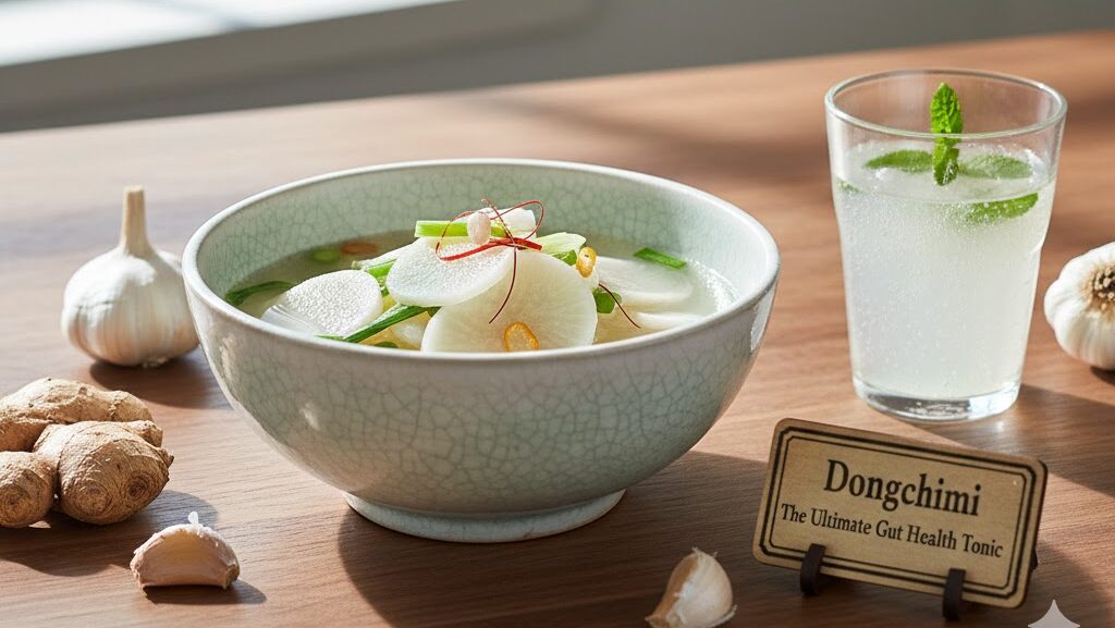 A professional shot of Korean Dongchimi Gut Health tonic featuring sliced radishes in a ceramic bowl, fresh ginger, and garlic, next to a refreshing glass of naturally carbonated brine.