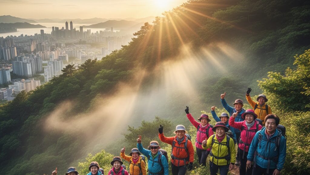 A group of active Korean seniors happily hiking on a scenic mountain trail overlooking a city, representing Korean Longevity Secrets through physical activity and social connection.