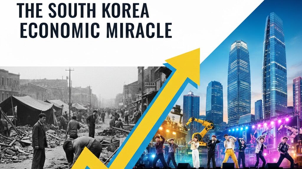 Infographic showing the South Korea Economic Miracle with a timeline from post-war poverty to modern wealth, highlighting 7 decades of rapid growth and innovation.
