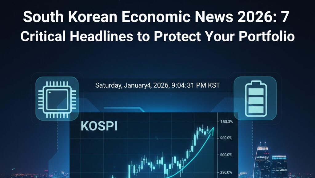 A digital financial dashboard showing South Korean Economic News 2026 trends, including KOSPI stock charts and semiconductor icons for global investors.