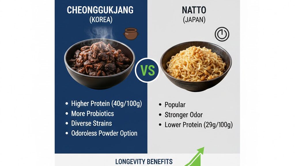 A professional 16:9 comparison infographic of Cheonggukjang Benefits vs Natto, showing higher protein levels, diverse probiotic strains, and longevity benefits for a healthy gut in 2026.