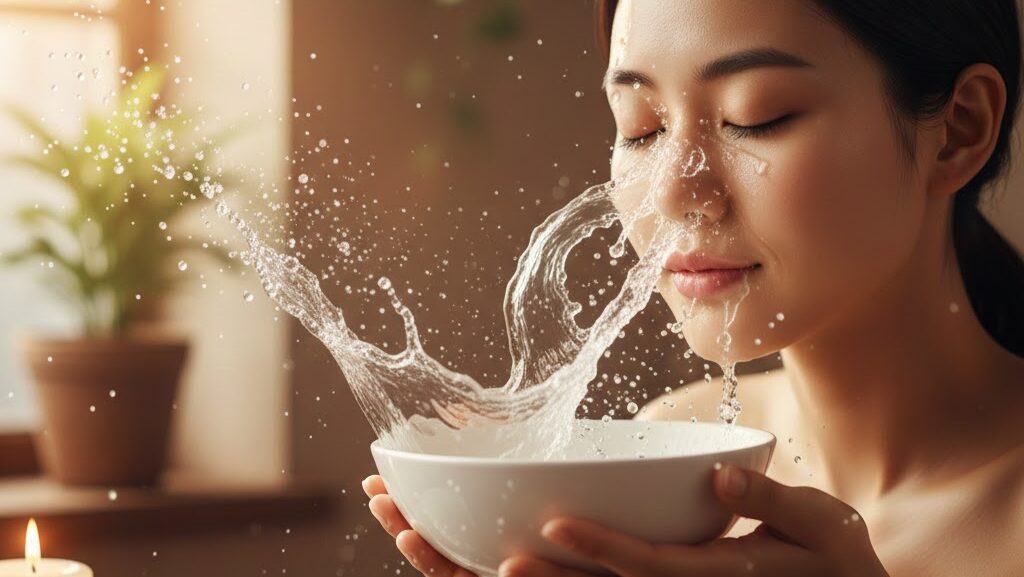 A young Korean woman with glowing glass skin splashing her face with milky rice water from a white ceramic bowl, surrounded by raw rice grains and a peaceful spa atmosphere, illustrating the rice water cleansing technique.