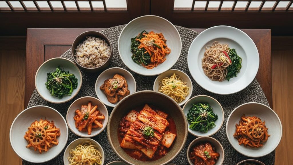 A top-down view of various authentic Korean side dishes in small ceramic bowls, including red spicy kimchi, seasoned green spinach, yellow bean sprouts, and braised tofu, showcasing a colorful and balanced spectrum of nutrients for healthy aging.