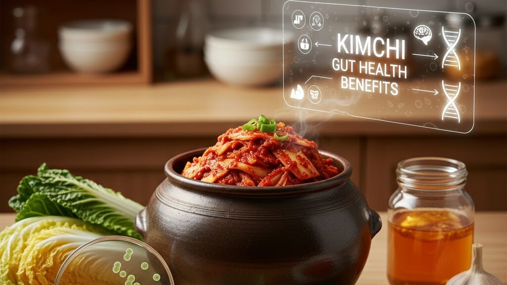 A high-tech scientific visualization of Kimchi gut health benefits featuring a traditional Onggi pot, Petri dishes with lactic acid bacteria, and a digital HUD showing DNA and microbiome data.