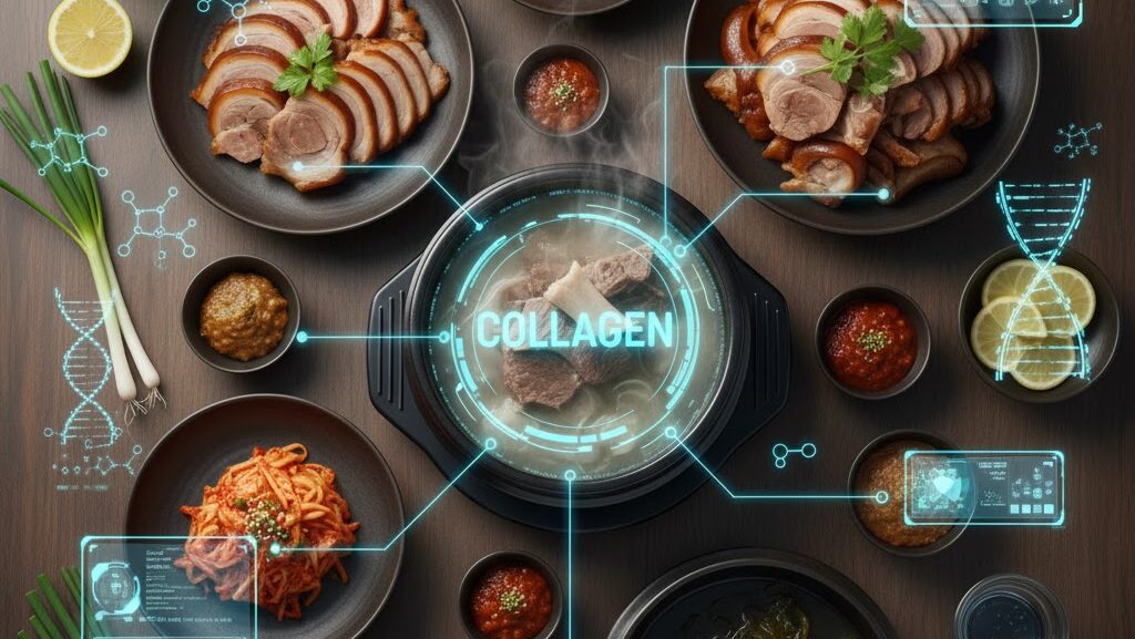 A top-down view of a Korean dinner table featuring Jokbal (braised pig's trotters) and soup. The image is overlaid with futuristic glowing cyan HUD elements, including the word 'COLLAGEN' in the center, DNA double helix symbols, and chemical molecular structures.