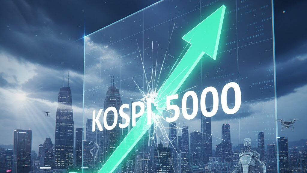 A futuristic financial chart showing a green upward arrow surpassing the KOSPI 5000 Point Milestone with a digital Seoul skyline and robots in the background.
