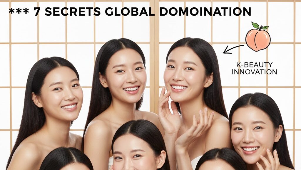 A diverse group of women showcasing radiant glass skin, featuring various Korean cosmetic products like ginseng serum and cushion compacts, representing K-beauty innovation and global domination.