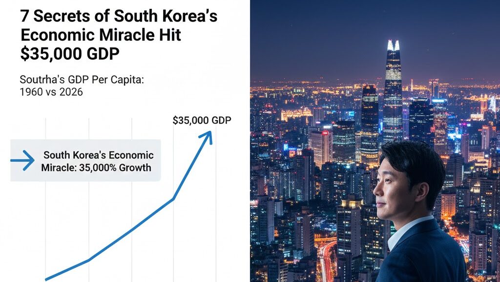 A comprehensive infographic showing the 7 pillars of South Korea's economic miracle, including Export, Education, and the Pali-Pali culture, with a modern Seoul skyline background.