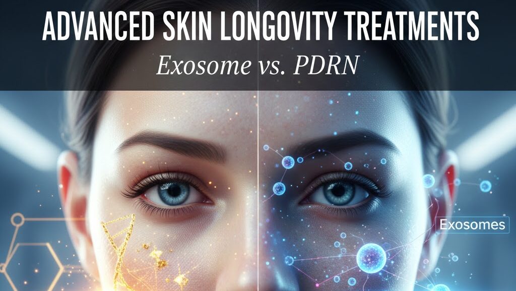 A split-face comparison illustration showing the cellular effects of Exosomes and PDRN treatments with DNA helix and molecular structures on a woman's face, representing Advanced Skin Longevity Treatments.