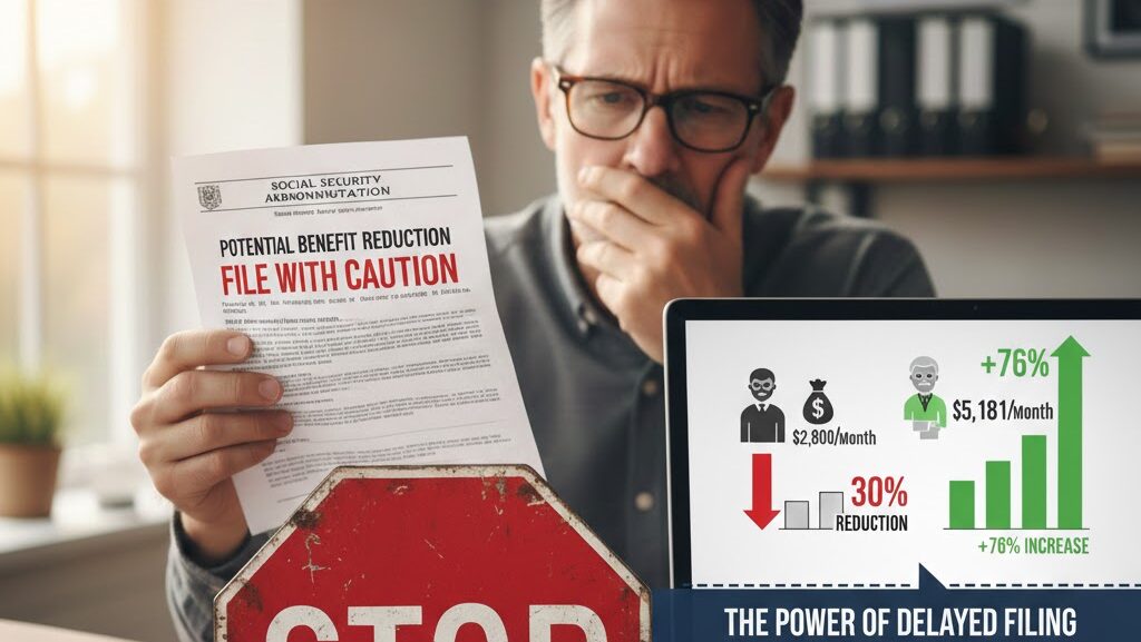 A worried middle-aged man reviewing a Social Security statement with a large stop sign and a digital chart showing the difference between early filing reduction and delayed filing increase.