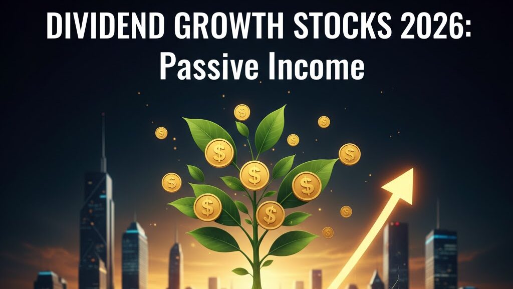 A conceptual illustration of a golden money tree growing from a coin with an upward arrow and a futuristic city skyline, representing Dividend Growth Stocks 2026 and passive income.