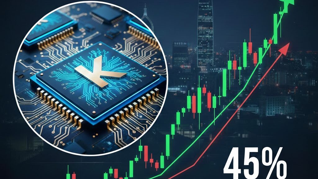 A professional financial thumbnail featuring a South Korean semiconductor chip with a golden 'K' logo, a rising bullish stock market candlestick chart, and text overlay saying "Investing in K-Semiconductors 2026."