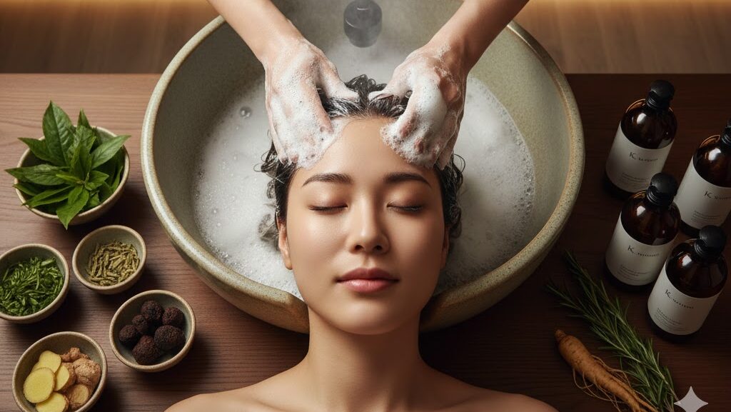 A top-down view of a luxury Korean head spa treatment, showing a person receiving a scalp massage with rich foam and steam, surrounded by herbal K-beauty ingredients.