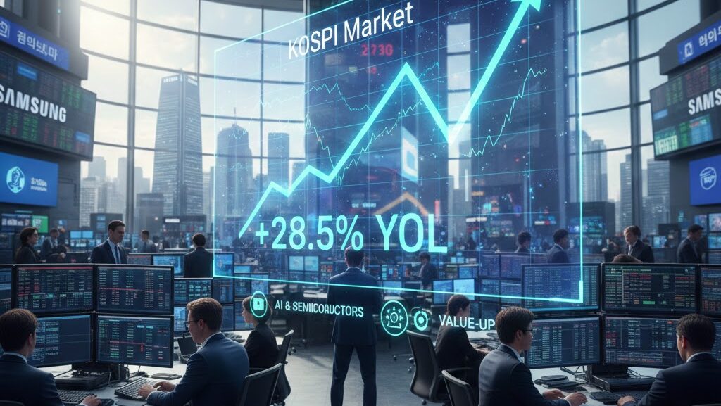 A high-tech financial trading room in Seoul showing a glowing digital KOSPI market index chart with a 28.5% growth surge and icons for AI, semiconductors, and value-up programs.