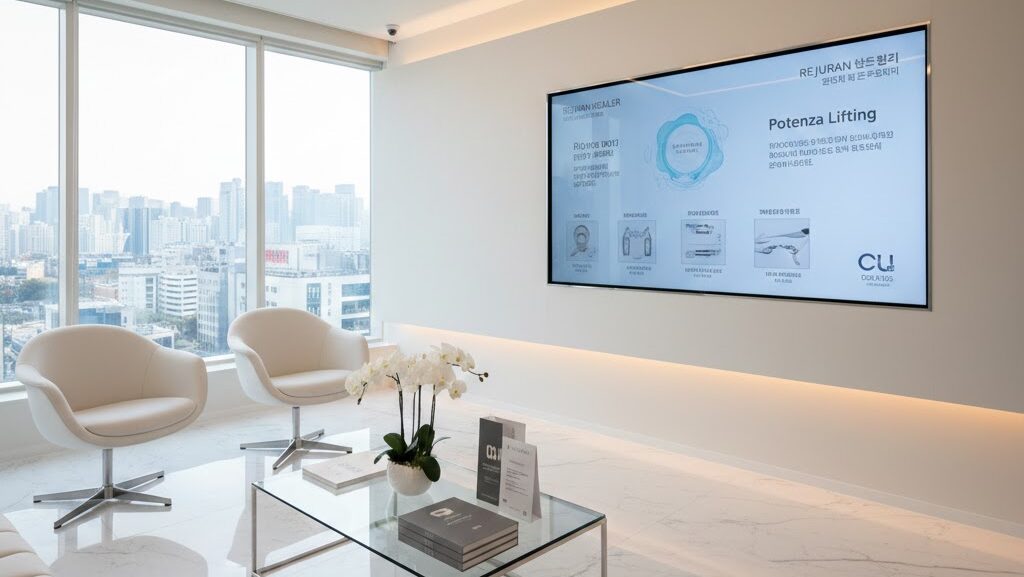 A high-end, minimalist medical aesthetic clinic in Gangnam, Seoul, featuring white marble floors, designer seating, and a large digital screen displaying Rejuran and Potenza treatments with a city view.