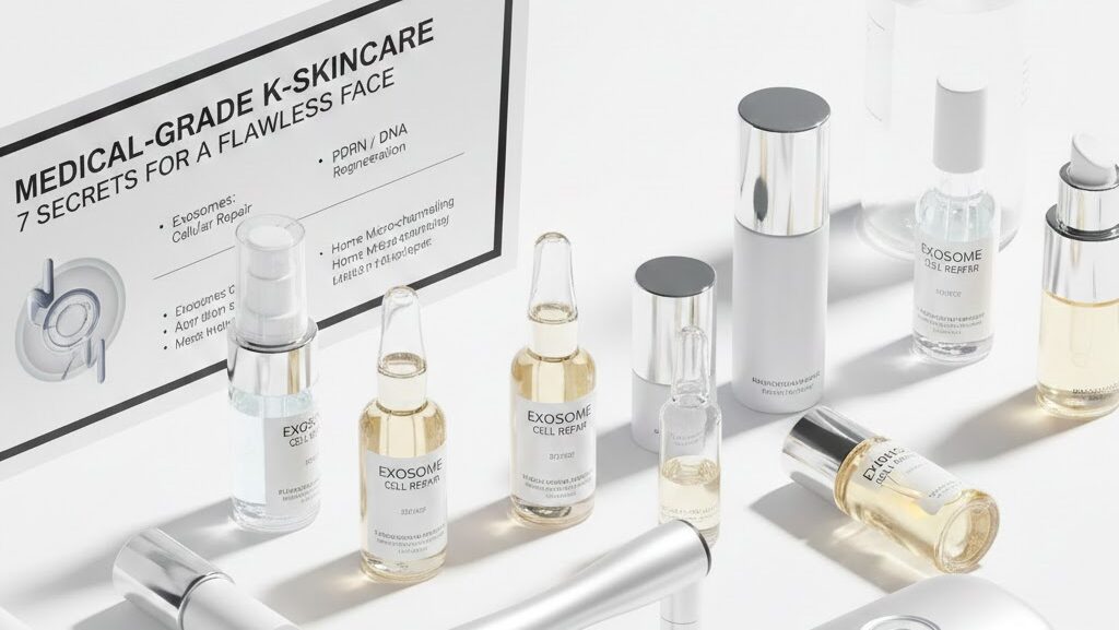 High-tech Korean medical-grade skincare products including Exosome cell repair ampoules, PDRN serums, and a professional home beauty device on a clean white background.