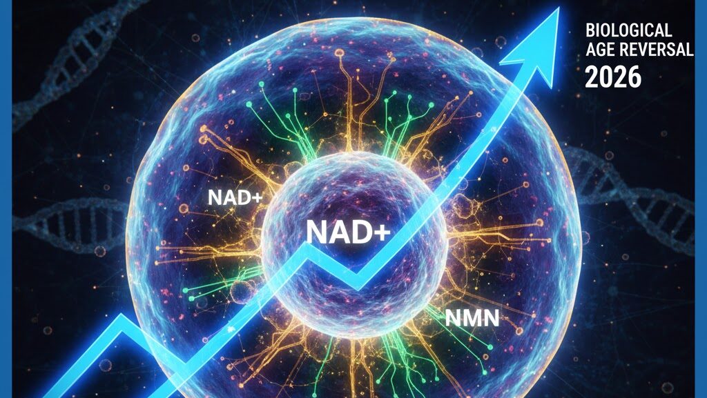 A futuristic 3D visualization of a glowing human cell being energized by NAD+ and NMN molecules, featuring an upward growth arrow and DNA strands to represent biological age reversal in 2026.