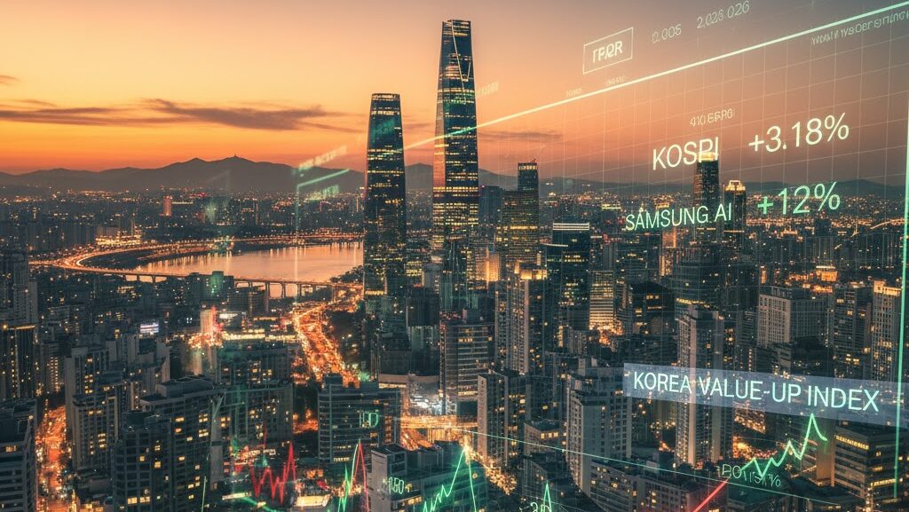 A stunning evening view of the Yeouido financial district in Seoul, South Korea, with glowing skyscrapers, stock market tickers in the foreground, and a sense of high-tech economic energy.