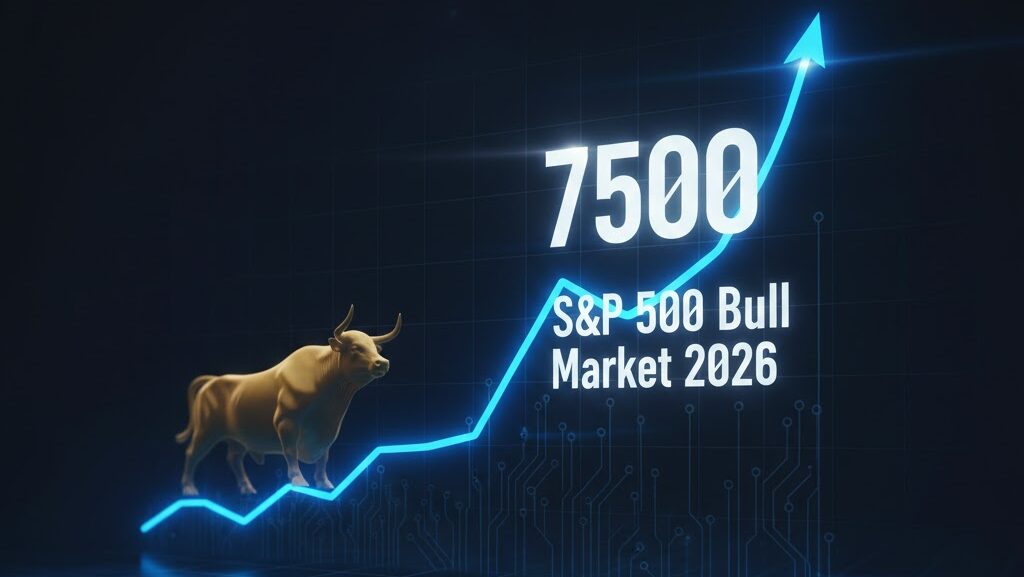 A golden bull standing next to a rising blue neon graph on a dark digital background, showing the S&P 500 Bull Market 2026 reaching the 7500 target.