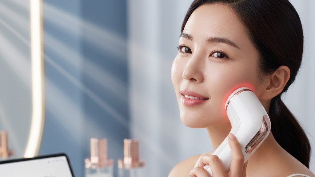 A high-tech skincare thumbnail showing a woman using a Korean RF skin tightening device on her jawline, with a 2026 trend chart and a "45% Firmer Skin" badge.