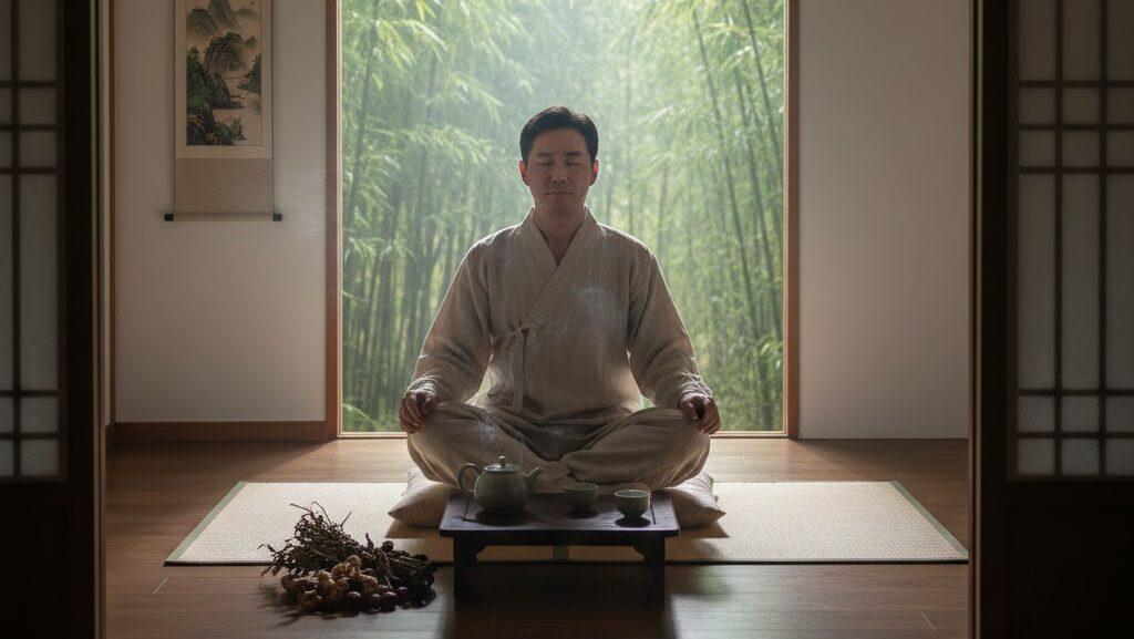 A man in traditional Korean hanbok practicing meditation in a peaceful room with a bamboo forest view, symbolizing Traditional Korean Medicine for stress relief.
